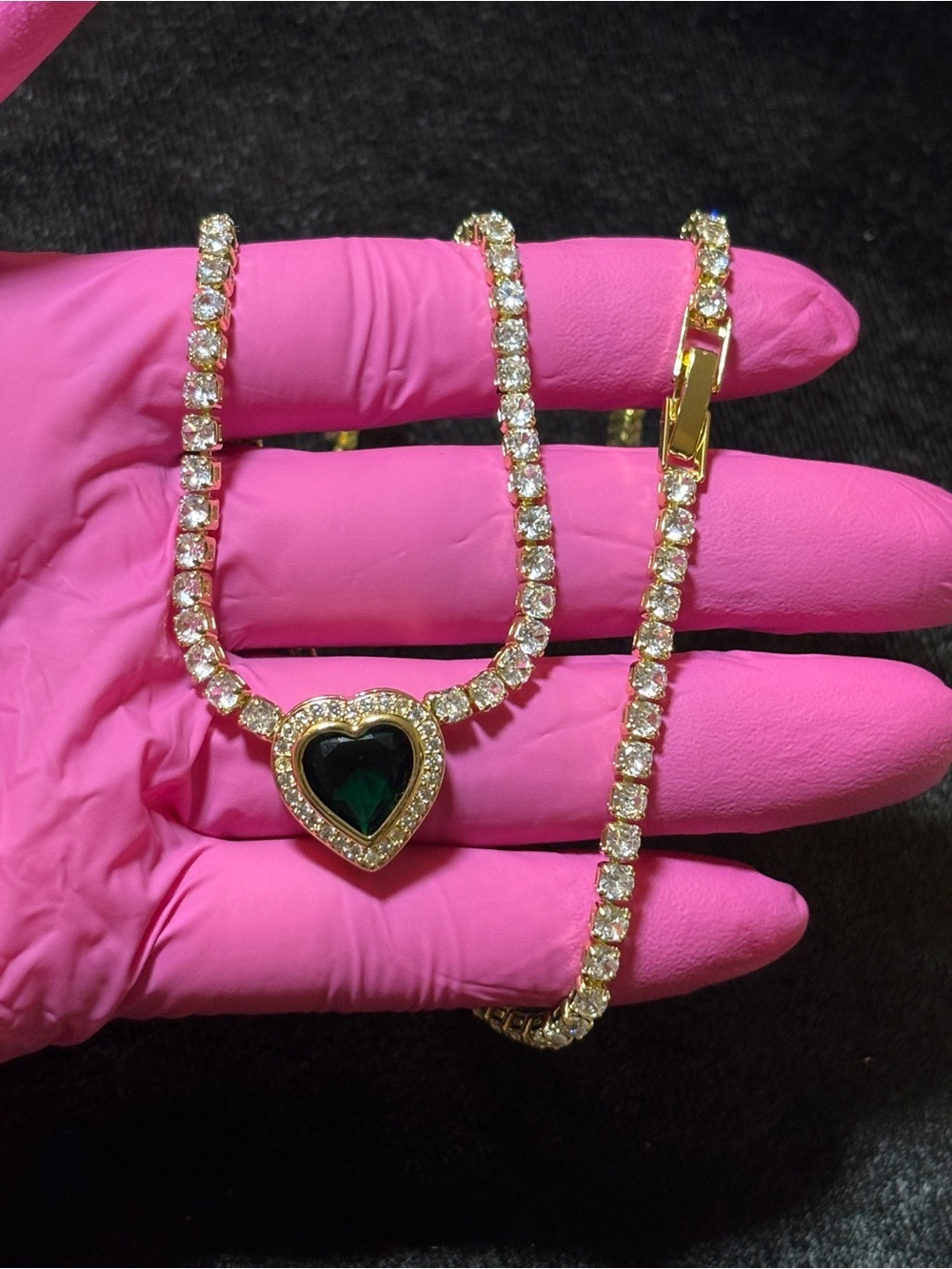 3.2mm Yellow Gold Emerald Green Heart Halo CZ Tennis Necklace 19in. - Picture 4 of 16